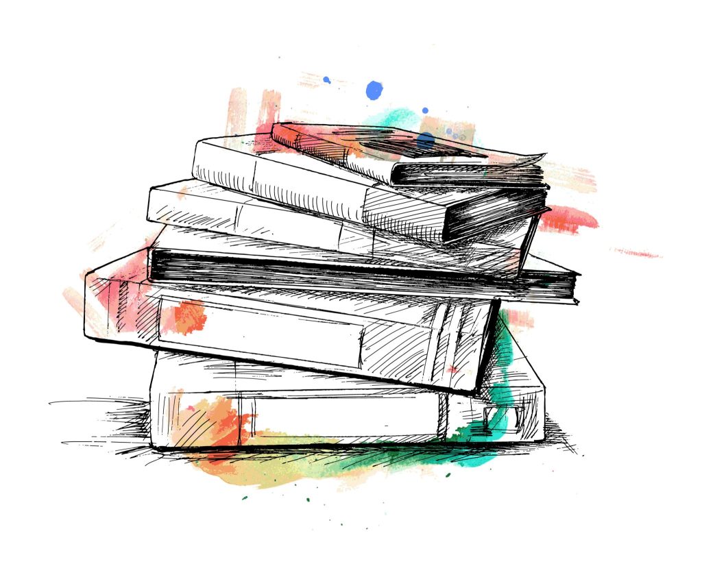 A drawing of a stack of books